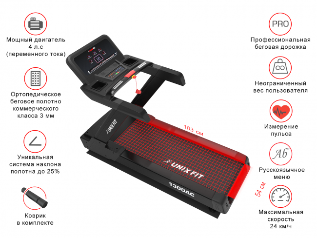 Беговая дорожка профессиональная UNIXFIT T-1300 PRO (LED) 